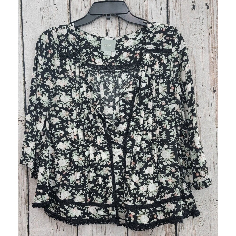 Maeve Women's‎ Size 8 Floral Tuxedo Pleated Lace Peasant Blouse Shirt Top Boho